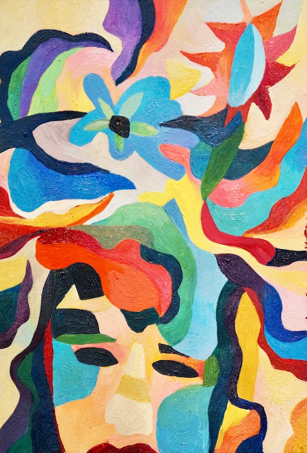 Girl with Flowers- from abstract acrylic painting series poster print wall pattern decor